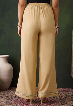 Lace Embellished Rayon Palazzo in Beige