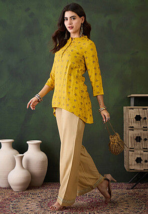 Lace Embellished Rayon Palazzo in Beige