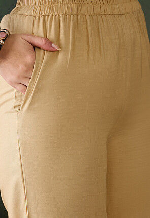 Lace Embellished Rayon Palazzo in Beige