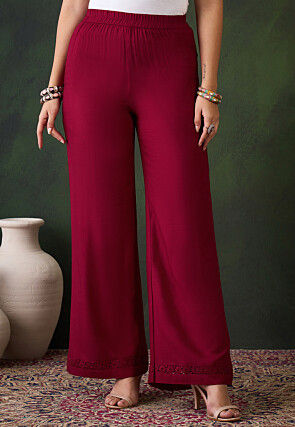 Lace Embellished Rayon Palazzo in Maroon