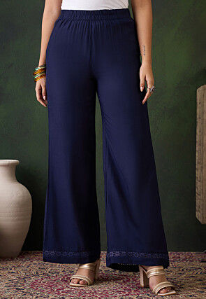 Lace Embellished Rayon Palazzo in Navy Blue