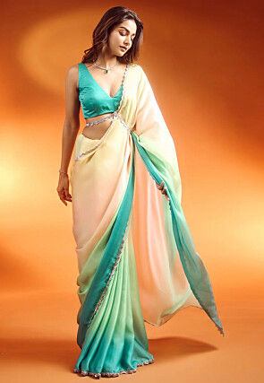 Lace Embellished Satin Saree in Multicolor