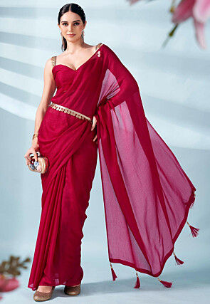 Lace Embellished Chinon Chiffon Saree in Fuchsia