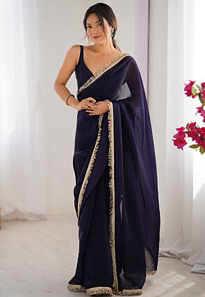 Lace Embellished Satin Saree in Purple