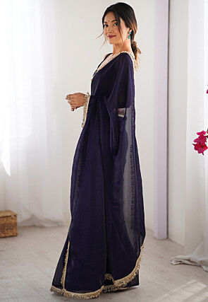 Lace Embellished Satin Saree in Purple