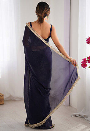 Lace Embellished Satin Saree in Purple