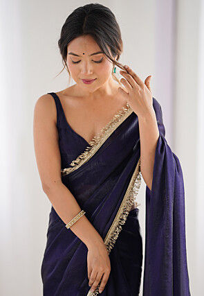 Lace Embellished Satin Saree in Purple