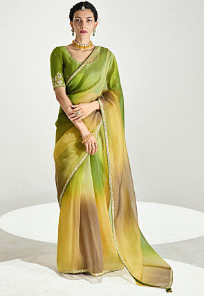 Lace Embellished Tissue Silk Saree in Multicolor