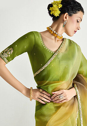 Lace Embellished Tissue Silk Saree in Multicolor