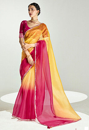 Ombre Tissue Silk Saree in Mustard and Fuchsia