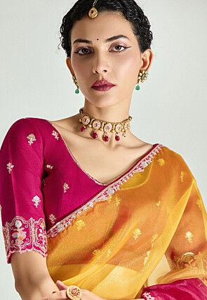 Ombre Tissue Silk Saree in Mustard and Fuchsia