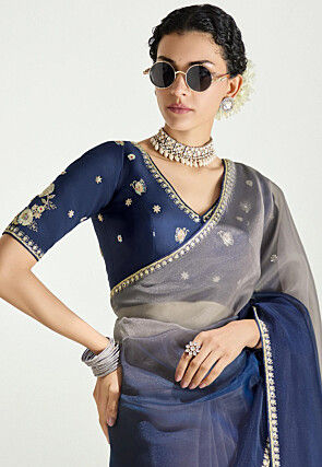 Ombre Tissue Silk Saree in Shaded Grey and Navy Blue