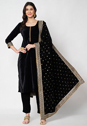 Lace Embellished Velvet Pakistani Suit in Black