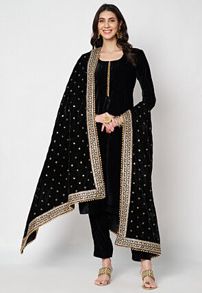 Lace Embellished Velvet Pakistani Suit in Black