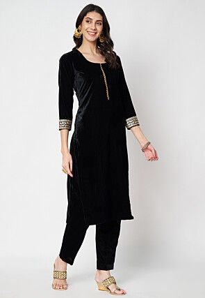Lace Embellished Velvet Pakistani Suit in Black