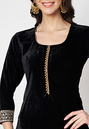 Lace Embellished Velvet Pakistani Suit in Black