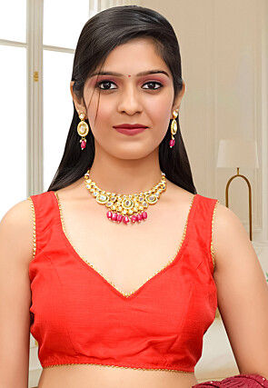 Lace Trim Dupion Silk Blouse in Red