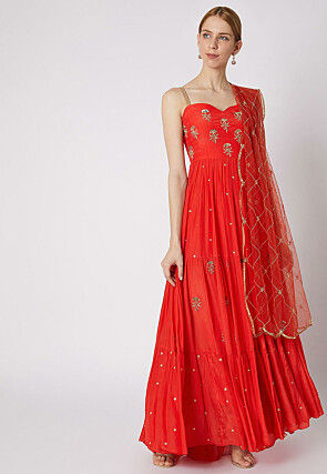 Layered Back Cut Out Chinon Silk Abaya Style Suit in Red