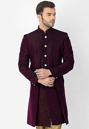 Layered Dupion Silk Sherwani in Dark Purple