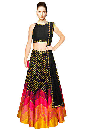 Leheriya Dupion Silk Lehenga in Black and Multicolor