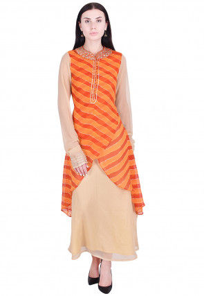 Leheriya Georgette Abaya Style Kurta in Orange and Beige