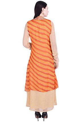 Leheriya Georgette Abaya Style Kurta in Orange and Beige
