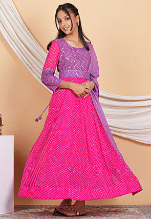 Leheriya Georgette Abaya Style Suit in Fuchsia and Purple