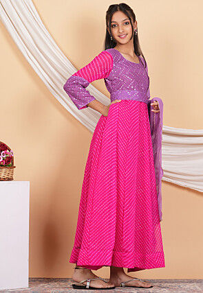 Leheriya Georgette Abaya Style Suit in Fuchsia and Purple