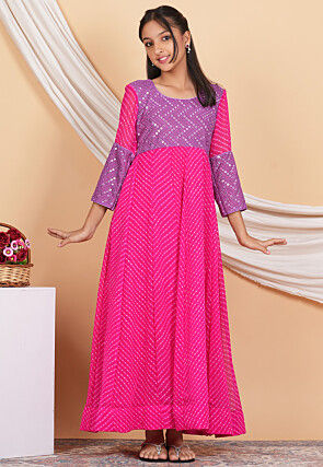 Leheriya Georgette Abaya Style Suit in Fuchsia and Purple