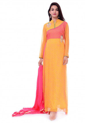 Leheriya Georgette Abaya Style Suit in Yellow and Pink