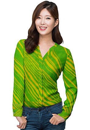 Leheriya Georgette Front Open Shirt Top in Green and Yellow