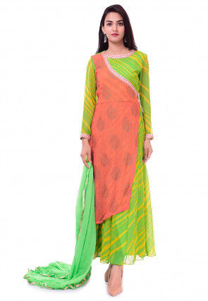 Leheriya Georgette Layered Abaya Style Suit in Green and Peach