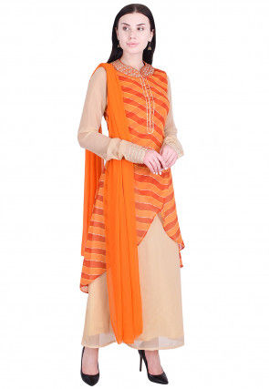 Leheriya Georgette Layered Abaya Style Suit in  Orange and Beige