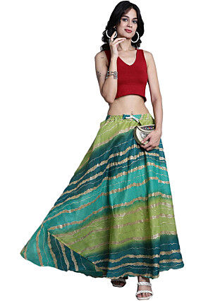 Leheriya Print Kota Doria Skirt in Blue and Green