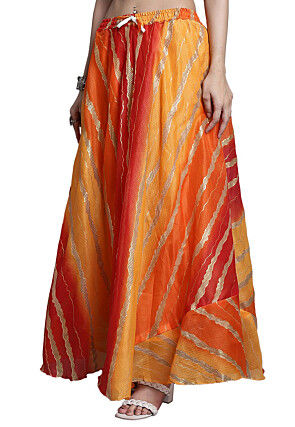 Leheriya Print Kota Doria Skirt in Orange