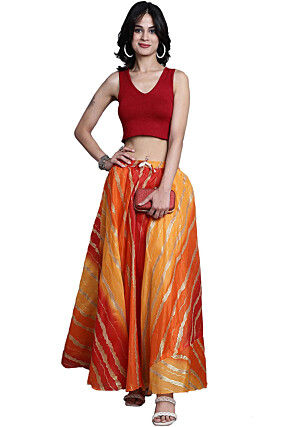 Leheriya Print Kota Doria Skirt in Orange