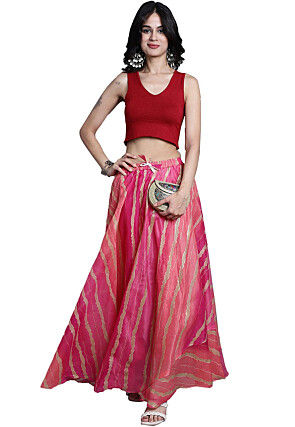 Leheriya Print Kota Doria Skirt in Pink