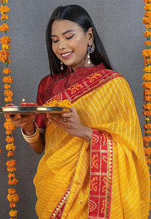 Leheriya Printed Art Kota Silk Saree in Mustard