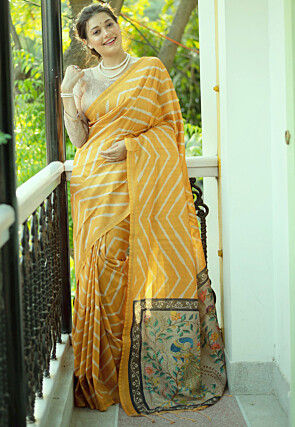 Yellow Georgette Bold Floral Printed Saree With Solid Borders at Soch