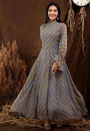 Leheriya Printed Chiffon Gown in Grey