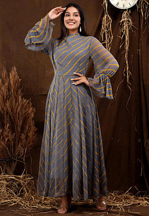 Leheriya Printed Chiffon Gown in Grey