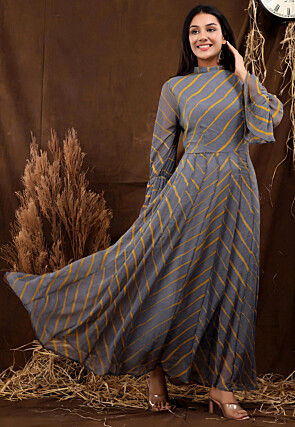 Leheriya Printed Chiffon Gown in Grey