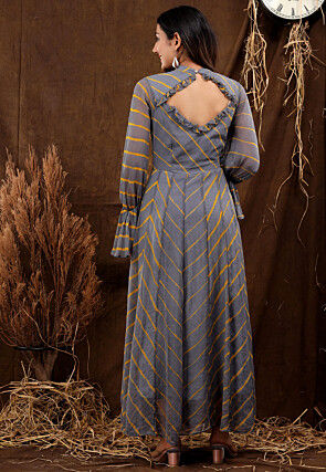 Leheriya Printed Chiffon Gown in Grey