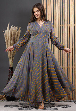 Leheriya Printed Chiffon Gown in Grey