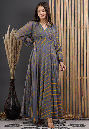 Leheriya Printed Chiffon Gown in Grey