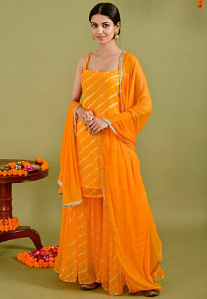 Leheriya Printed Chiffon Pakistani Suit in Yellow