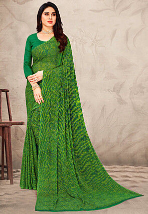 Leheriya Printed Chiffon Saree in Green
