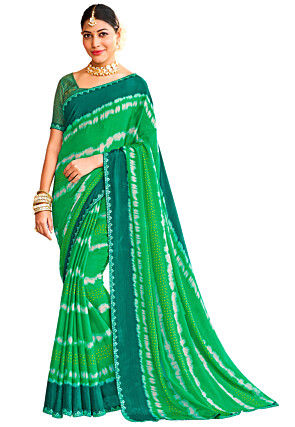 Leheriya Printed Chiffon Saree in Green