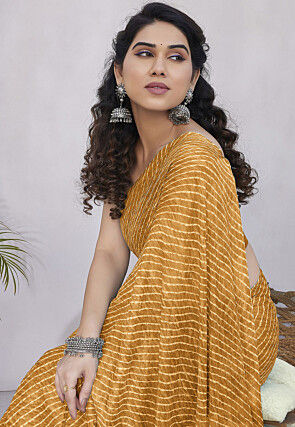 Leheriya Printed Chiffon Saree in Mustard