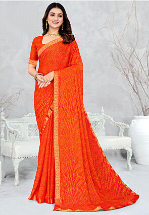 Leheriya Printed Chiffon Saree in Orange